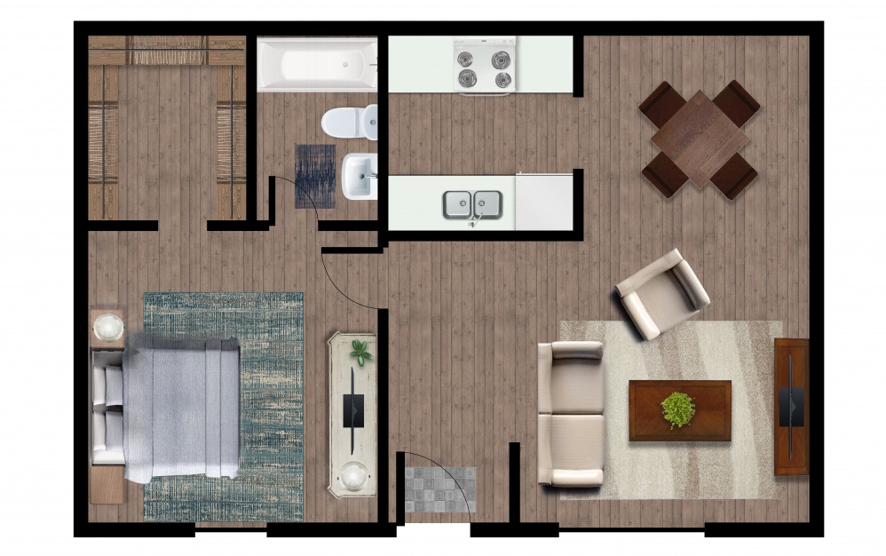 1 Bedroom Large - 1 bedroom floorplan layout with 1 bath and 600 square feet.