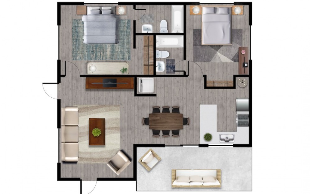 Renovated 2 Bedroom - 1 bedroom floorplan layout with 1 bath and 800 square feet.